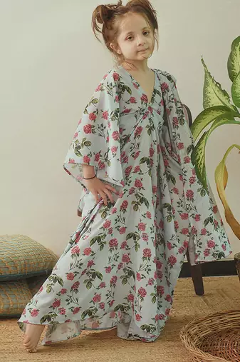 Iceberg blue floral & abstract printed linen kaftan saree mother daughter matching combo