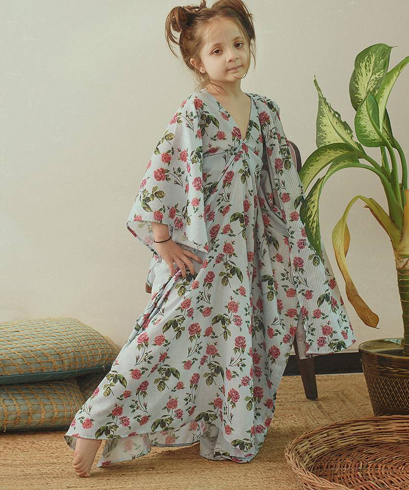 Iceberg blue floral & abstract printed linen kaftan saree mother daughter matching combo
