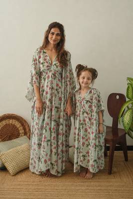 Sage green floral & abstract printed linen kaftan saree mother daughter matching combo 1