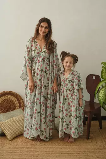 Sage green floral & abstract printed linen kaftan saree mother daughter matching combo