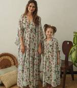 Sage green floral & abstract printed linen kaftan saree mother daughter matching combo