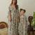 Sage green floral & abstract printed linen kaftan saree mother daughter matching combo