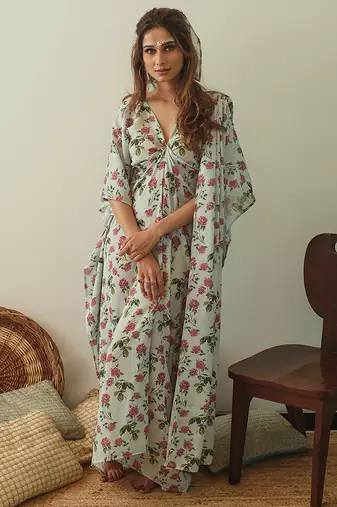 Sage green floral & abstract printed linen kaftan saree mother daughter matching combo