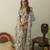 Sage green floral & abstract printed linen kaftan saree mother daughter matching combo