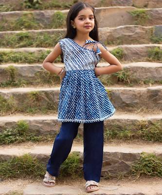 Blue printed cotton kurta set mother daughter matching combo 3