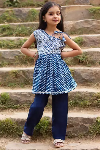 Blue printed cotton kurta set mother daughter matching combo