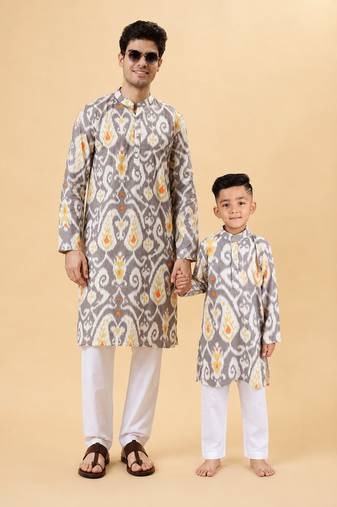 Grey figgy ikat cotton kurta & kurta pant set father son matching combo