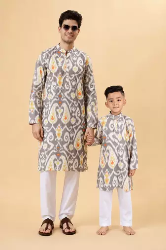 Grey figgy ikat cotton kurta & kurta pant set father son matching combo