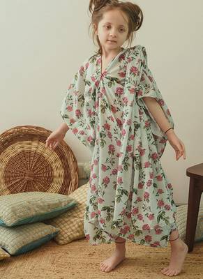 Sage green floral & abstract printed linen kaftan saree mother daughter matching combo 3