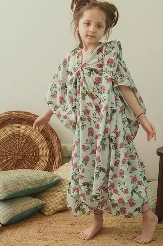 Sage green floral & abstract printed linen kaftan saree mother daughter matching combo