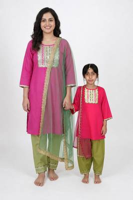 Pink embroidered cotton elbow sleeve kurta set mother daughter matching combo 1