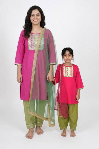 Pink embroidered cotton elbow sleeve kurta set mother daughter matching combo
