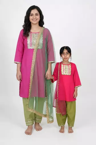 Pink embroidered cotton elbow sleeve kurta set mother daughter matching combo
