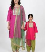 Pink embroidered cotton elbow sleeve kurta set mother daughter matching combo