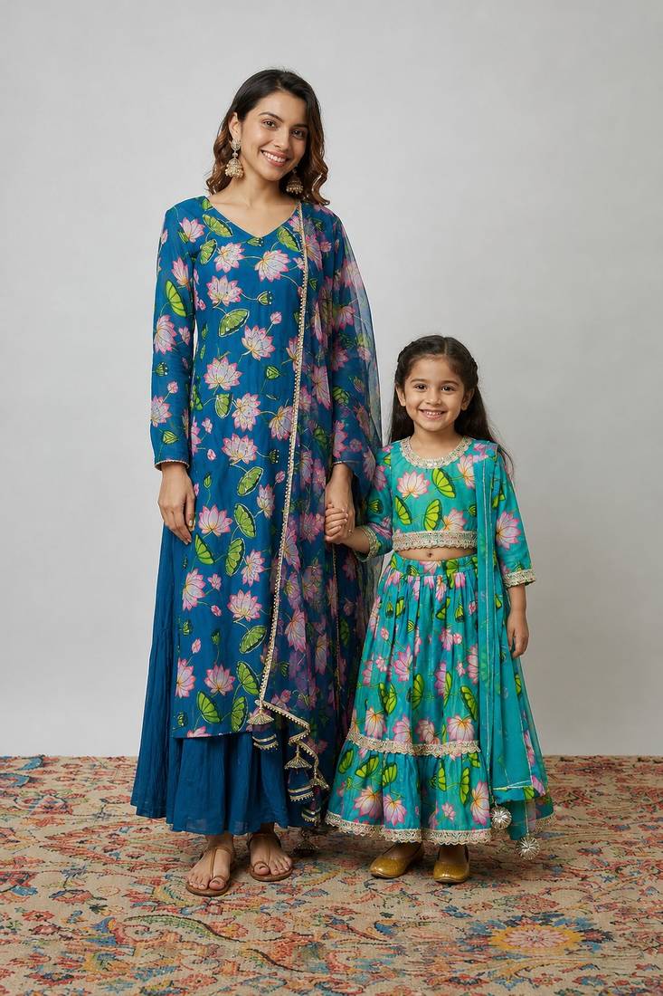 Rama green & green floral printed chanderi kurta set & lehenga choli mother daughter matching combo