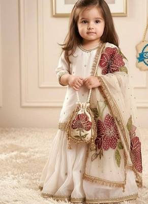 White sequinned silk sharara set mother daughter matching combo 3