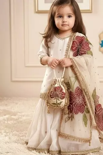 White sequinned silk sharara set mother daughter matching combo