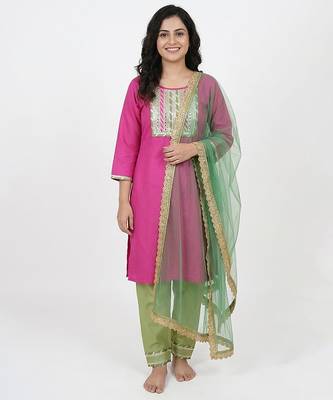 Pink embroidered cotton elbow sleeve kurta set mother daughter matching combo 2