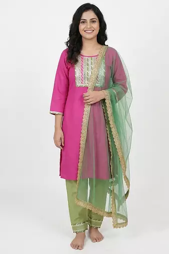 Pink embroidered cotton elbow sleeve kurta set mother daughter matching combo