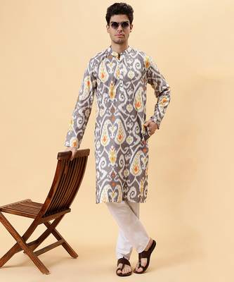 Grey figgy ikat cotton kurta & kurta pant set father son matching combo 2