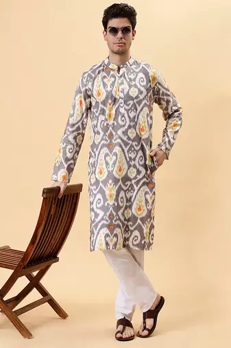 Grey figgy ikat cotton kurta & kurta pant set father son matching combo