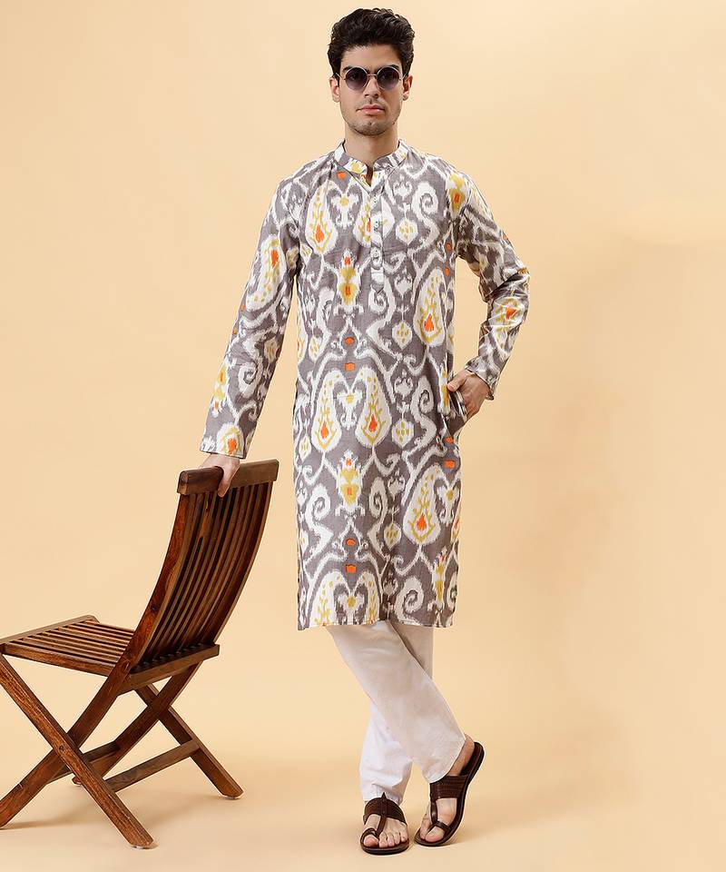 Grey figgy ikat cotton kurta & kurta pant set father son matching combo