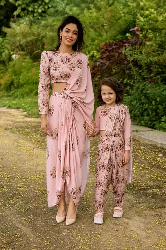 Pink floral printed linen saree mother daughter matching combo