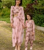 Pink floral printed linen saree mother daughter matching combo