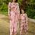 Pink floral printed linen saree mother daughter matching combo