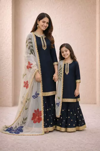 Black sequinned silk sharara set mother daughter matching combo