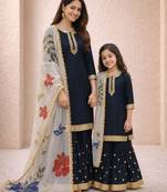 Black sequinned silk sharara set mother daughter matching combo