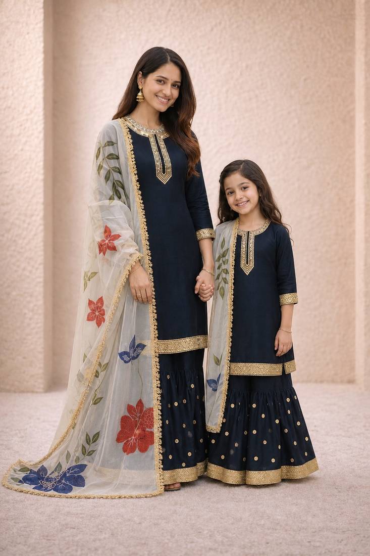 Black sequinned silk sharara set mother daughter matching combo