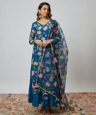 Rama green & green floral printed chanderi kurta set & lehenga choli mother daughter matching combo 2