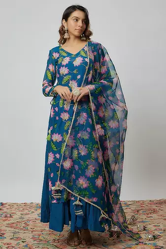 Rama green & green floral printed chanderi kurta set & lehenga choli mother daughter matching combo
