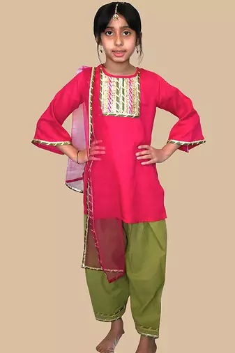 Pink embroidered cotton elbow sleeve kurta set mother daughter matching combo