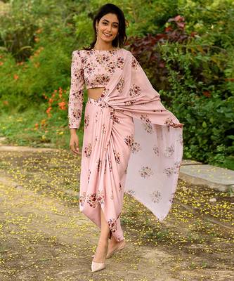 Pink floral printed linen saree mother daughter matching combo 2