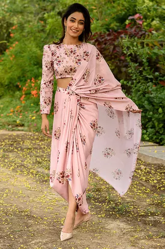 Pink floral printed linen saree mother daughter matching combo
