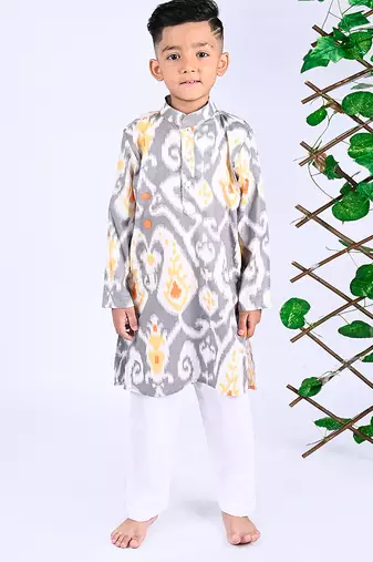 Grey figgy ikat cotton kurta & kurta pant set father son matching combo