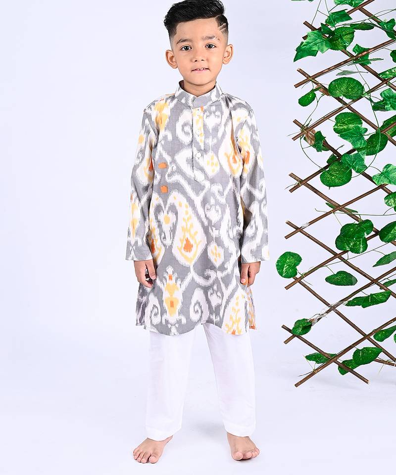 Grey figgy ikat cotton kurta & kurta pant set father son matching combo