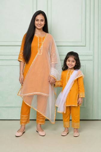 Orange & yellow embroidered cotton kurta set & salwar suit mother daughter matching combo