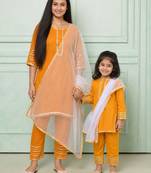 Orange & yellow embroidered cotton kurta set & salwar suit mother daughter matching combo