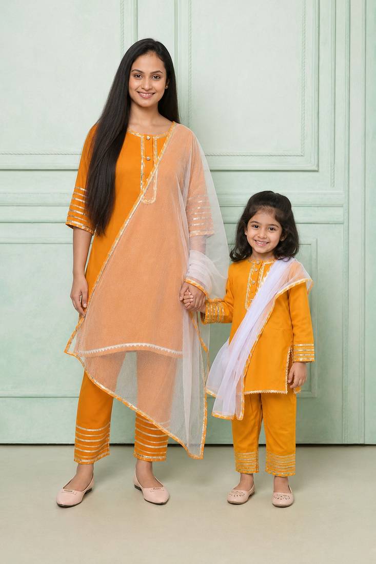 Orange & yellow embroidered cotton kurta set & salwar suit mother daughter matching combo