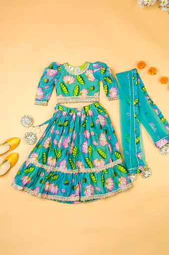 Rama green & green floral printed chanderi kurta set & lehenga choli mother daughter matching combo