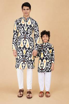 Oxide & black ikat & printed cotton kurta & kurta pyjama father son matching combo 1