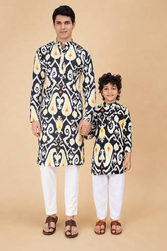 Oxide & black ikat & printed cotton kurta & kurta pyjama father son matching combo