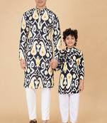 Oxide & black ikat & printed cotton kurta & kurta pyjama father son matching combo