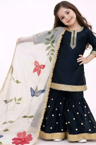 Black sequinned silk sharara set mother daughter matching combo