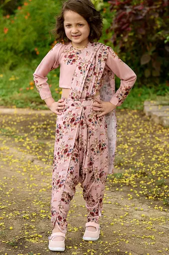 Pink floral printed linen saree mother daughter matching combo
