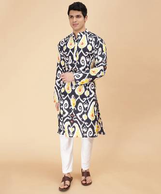 Oxide & black ikat & printed cotton kurta & kurta pyjama father son matching combo 2