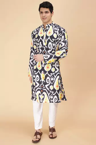Oxide & black ikat & printed cotton kurta & kurta pyjama father son matching combo